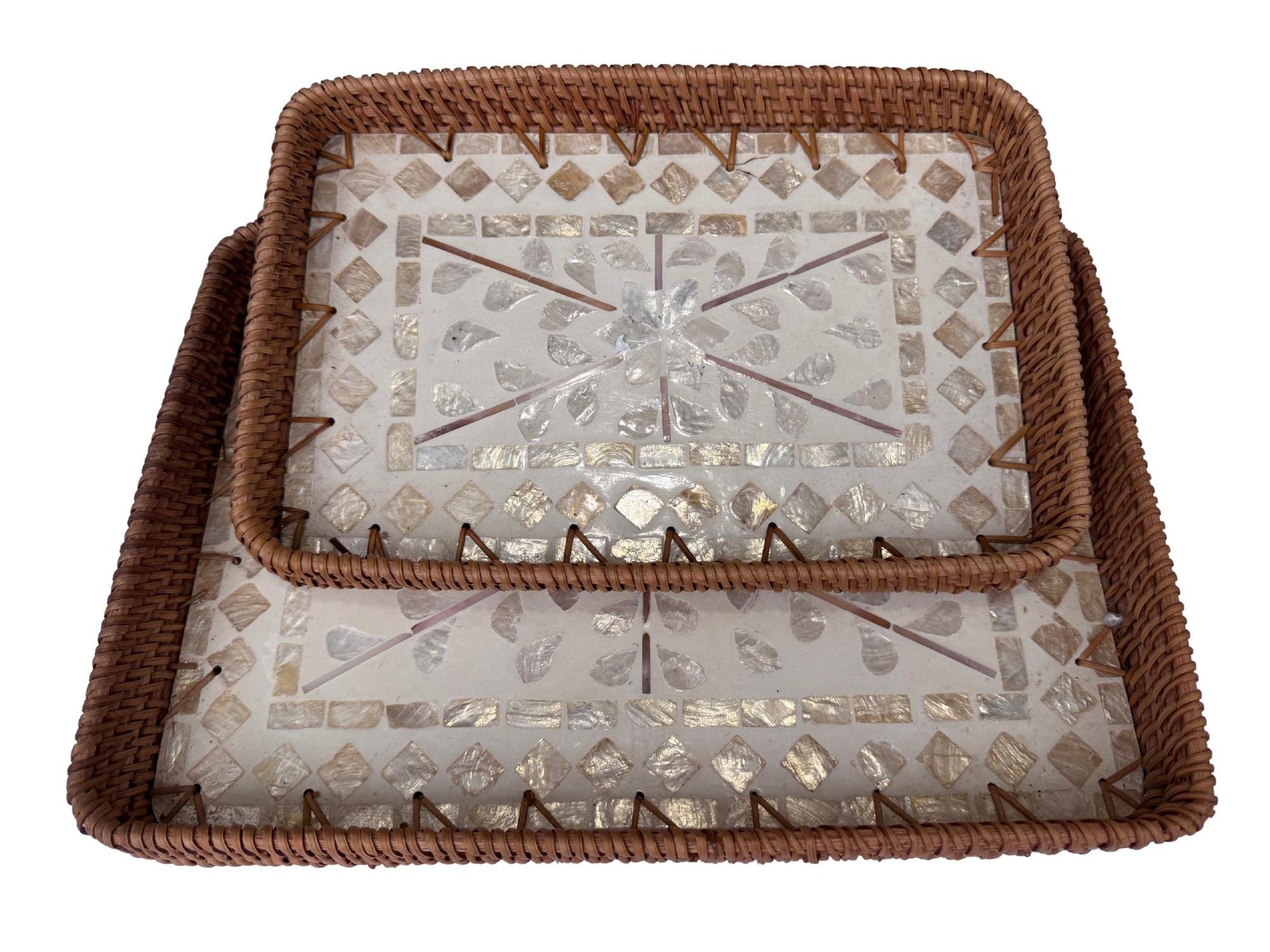 Handmade Rectangular Rattan Tray with Mother of Pearl Inlay Base - Boho Decorative Serving Tray for Coffee Table & Home Decor 36