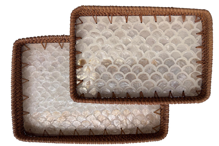 Handmade Rectangular Rattan Tray with Mother of Pearl Inlay Base - Boho Decorative Serving Tray for Coffee Table & Home Decor 40