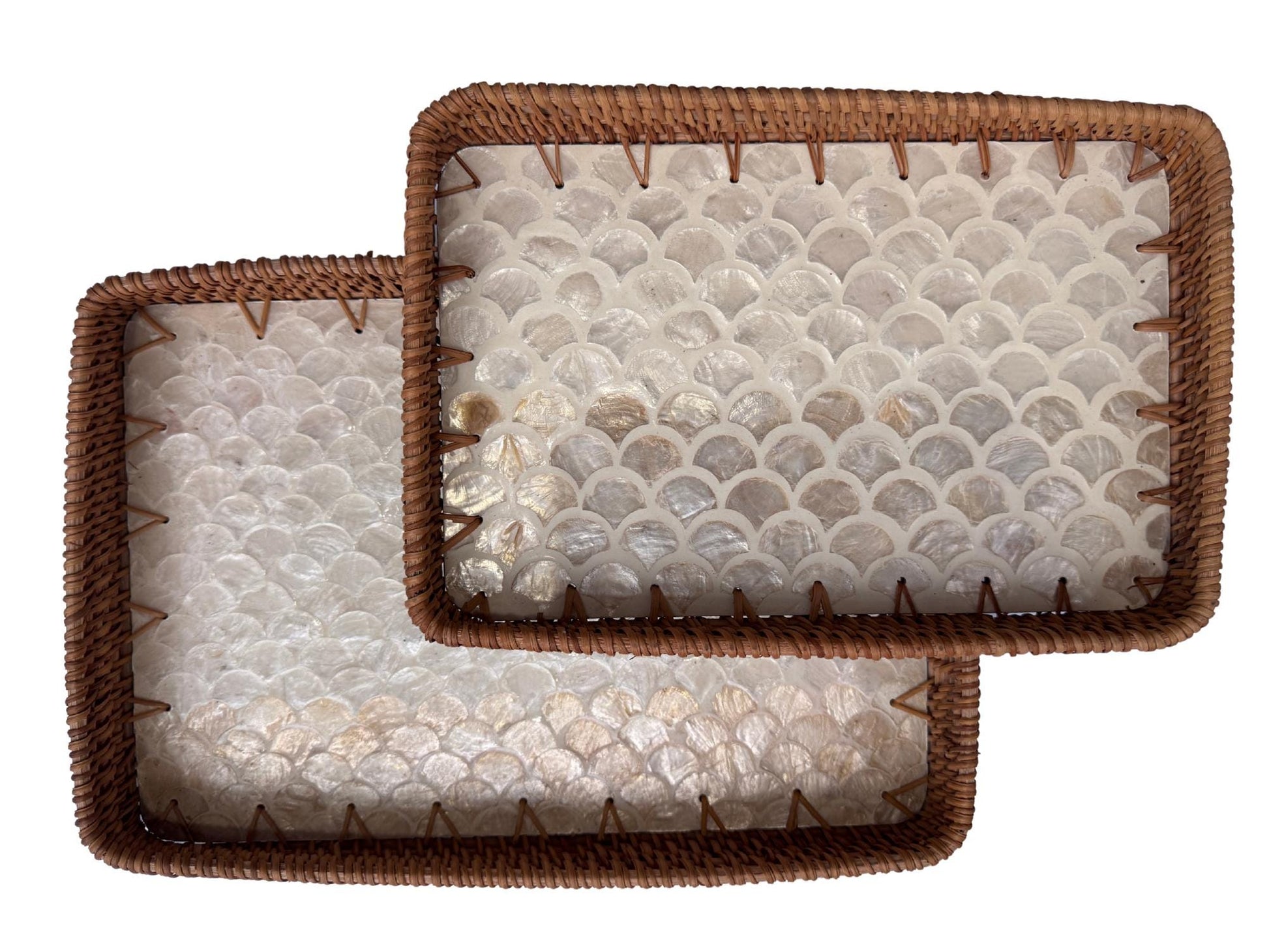 Handmade Rectangular Rattan Tray with Mother of Pearl Inlay Base - Boho Decorative Serving Tray for Coffee Table & Home Decor 40