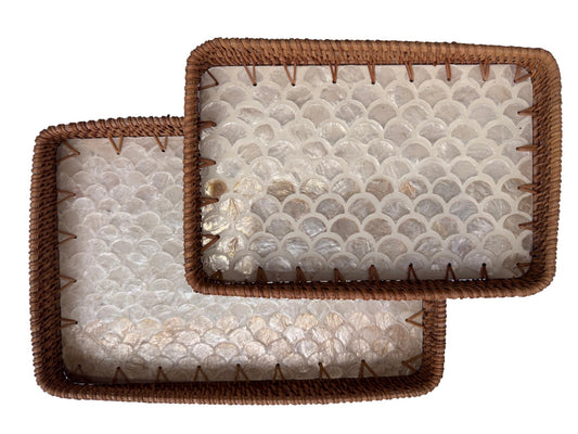 Handmade Rectangular Rattan Tray with Mother of Pearl Inlay Base - Boho Decorative Serving Tray for Coffee Table & Home Decor 40