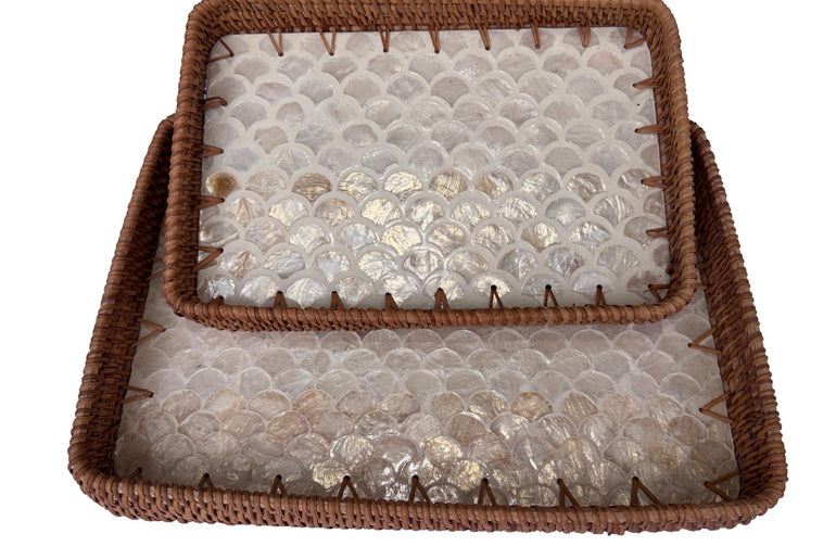 Handmade Rectangular Rattan Tray with Mother of Pearl Inlay Base - Boho Decorative Serving Tray for Coffee Table & Home Decor 40