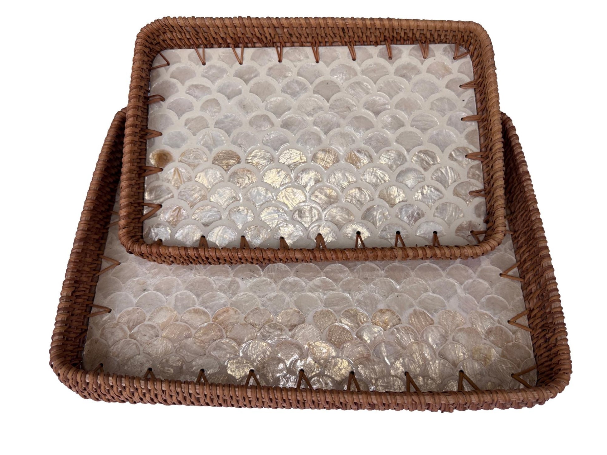 Handmade Rectangular Rattan Tray with Mother of Pearl Inlay Base - Boho Decorative Serving Tray for Coffee Table & Home Decor 40