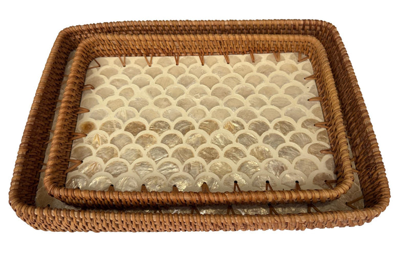 Handmade Rectangular Rattan Tray with Mother of Pearl Inlay Base - Boho Decorative Serving Tray for Coffee Table & Home Decor 40