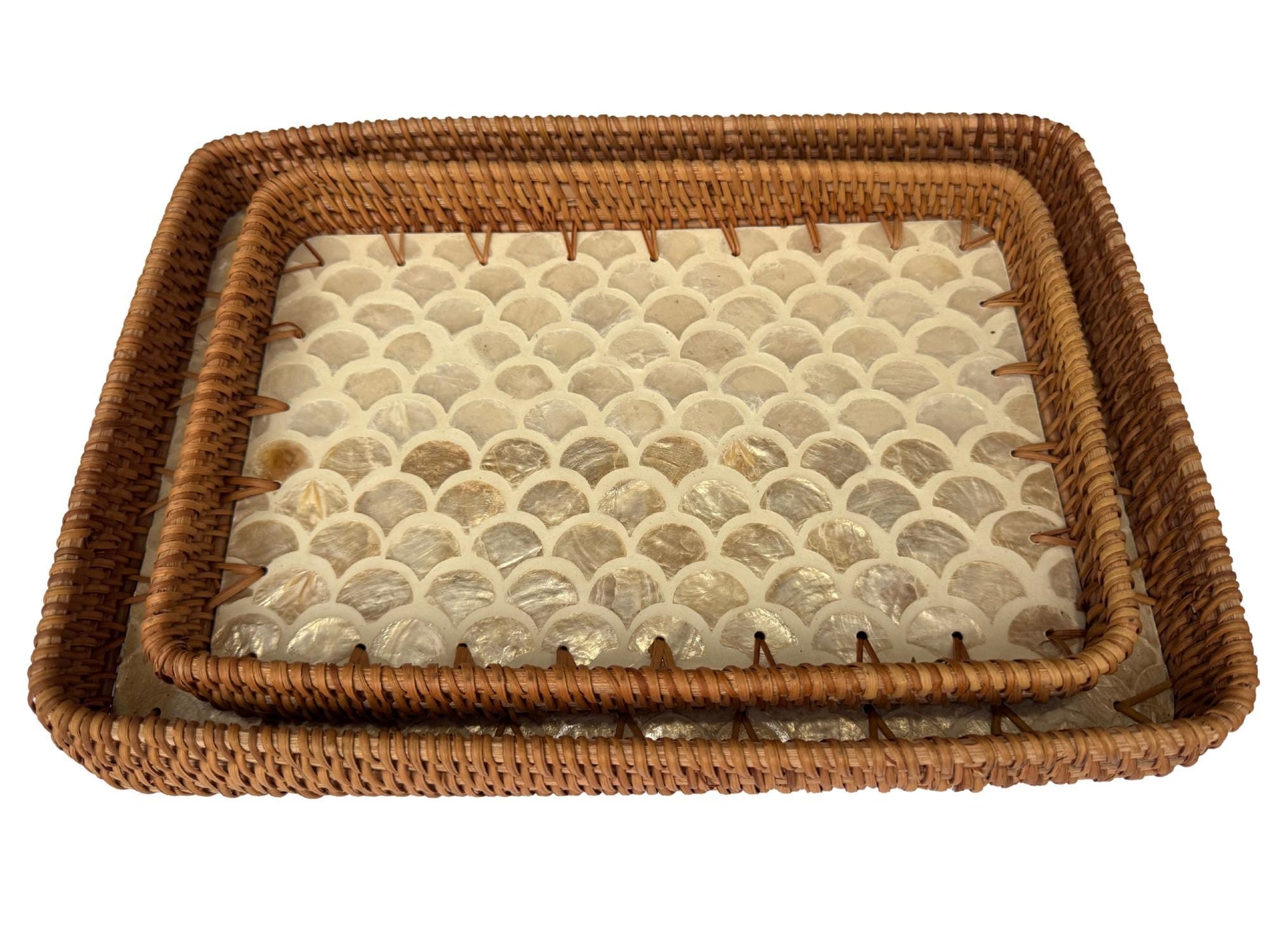 Handmade Rectangular Rattan Tray with Mother of Pearl Inlay Base - Boho Decorative Serving Tray for Coffee Table & Home Decor 40