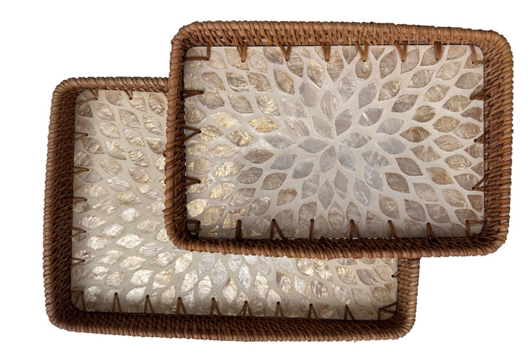 Handmade Rectangular Rattan Tray with Mother of Pearl Inlay Base - Boho Decorative Serving Tray for Coffee Table & Home Decor 38