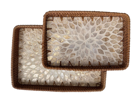 Handmade Rectangular Rattan Tray with Mother of Pearl Inlay Base - Boho Decorative Serving Tray for Coffee Table & Home Decor 38