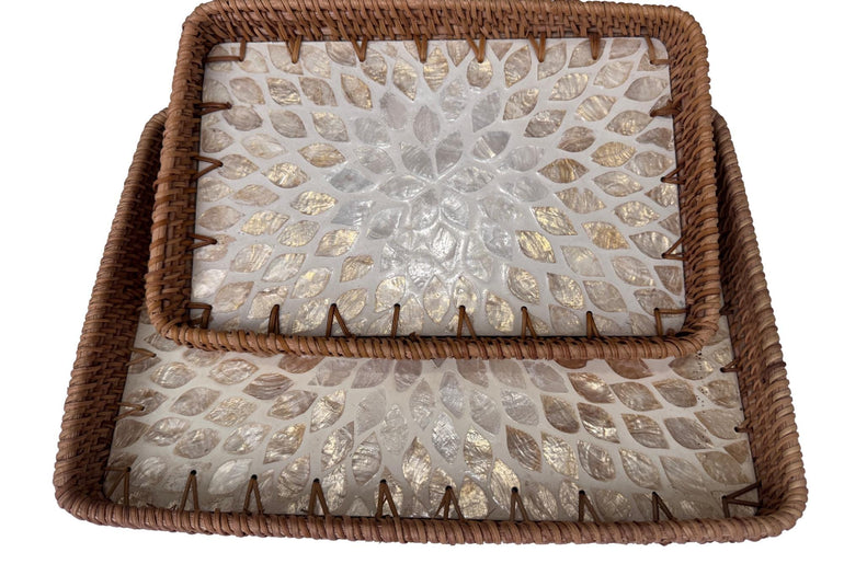 Handmade Rectangular Rattan Tray with Mother of Pearl Inlay Base - Boho Decorative Serving Tray for Coffee Table & Home Decor 38