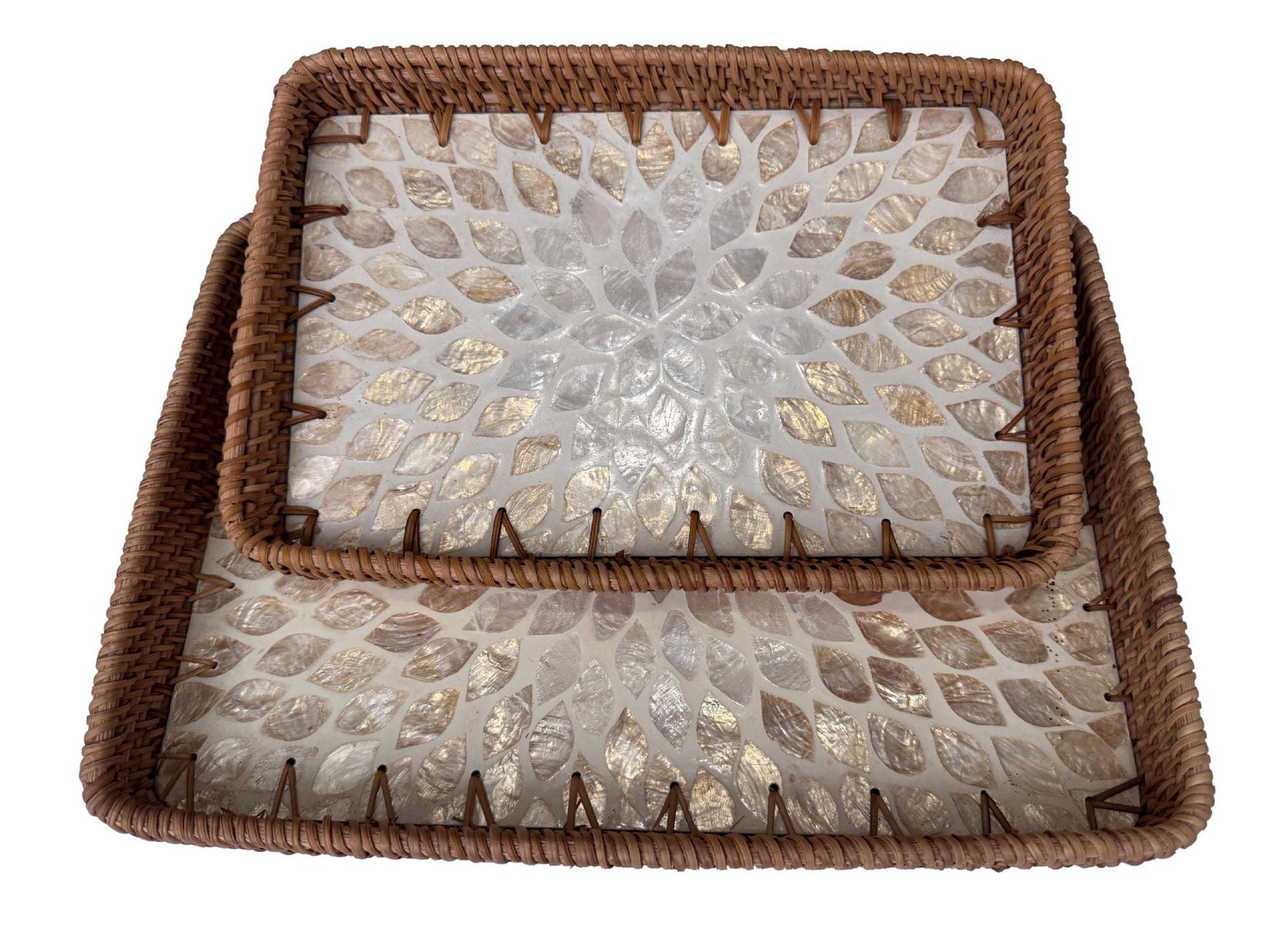 Handmade Rectangular Rattan Tray with Mother of Pearl Inlay Base - Boho Decorative Serving Tray for Coffee Table & Home Decor 38