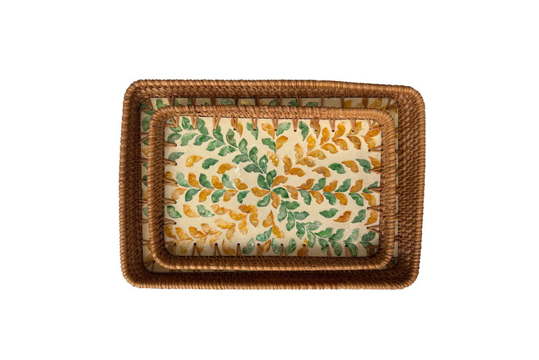 Handmade Rectangular Rattan Tray with Mother of Pearl Inlay Base - Boho Decorative Serving Tray for Coffee Table & Home Decor 44