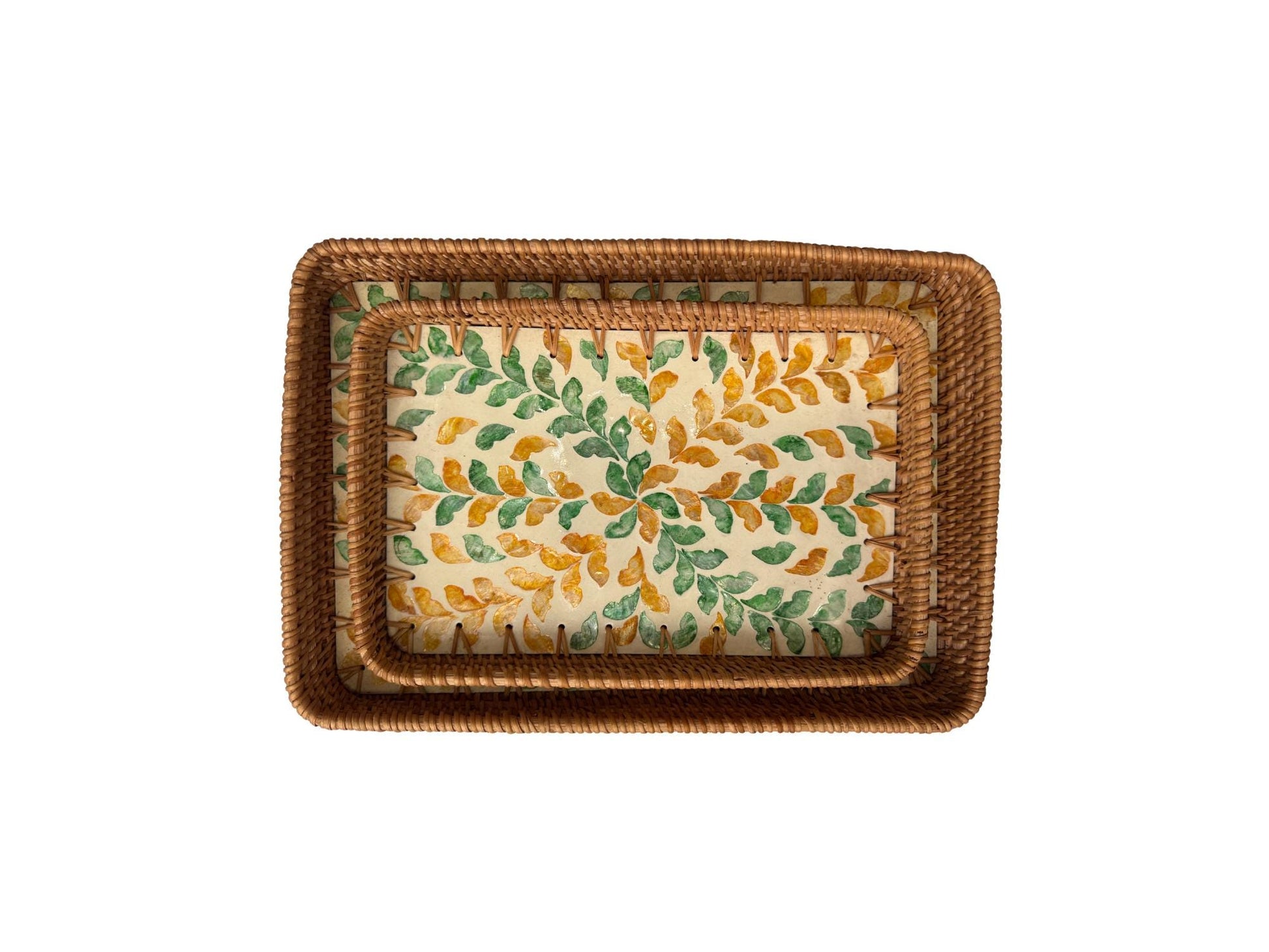 Handmade Rectangular Rattan Tray with Mother of Pearl Inlay Base - Boho Decorative Serving Tray for Coffee Table & Home Decor 44