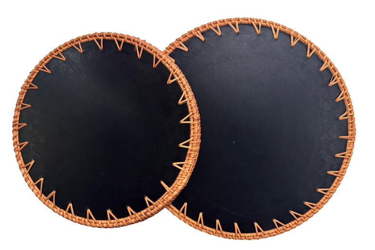Natural Round Rattan Display Tray with Shell Inlay Base - Artisan Handmade Decor Tray for Coffee Table, Kitchen Serving, Made in Vietnam 143