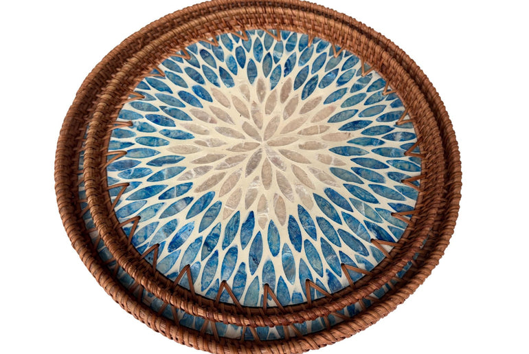 Natural Round Rattan Display Tray with Shell Inlay Base - Artisan Handmade Decor Tray for Coffee Table, Kitchen Serving, Made in Vietnam 34