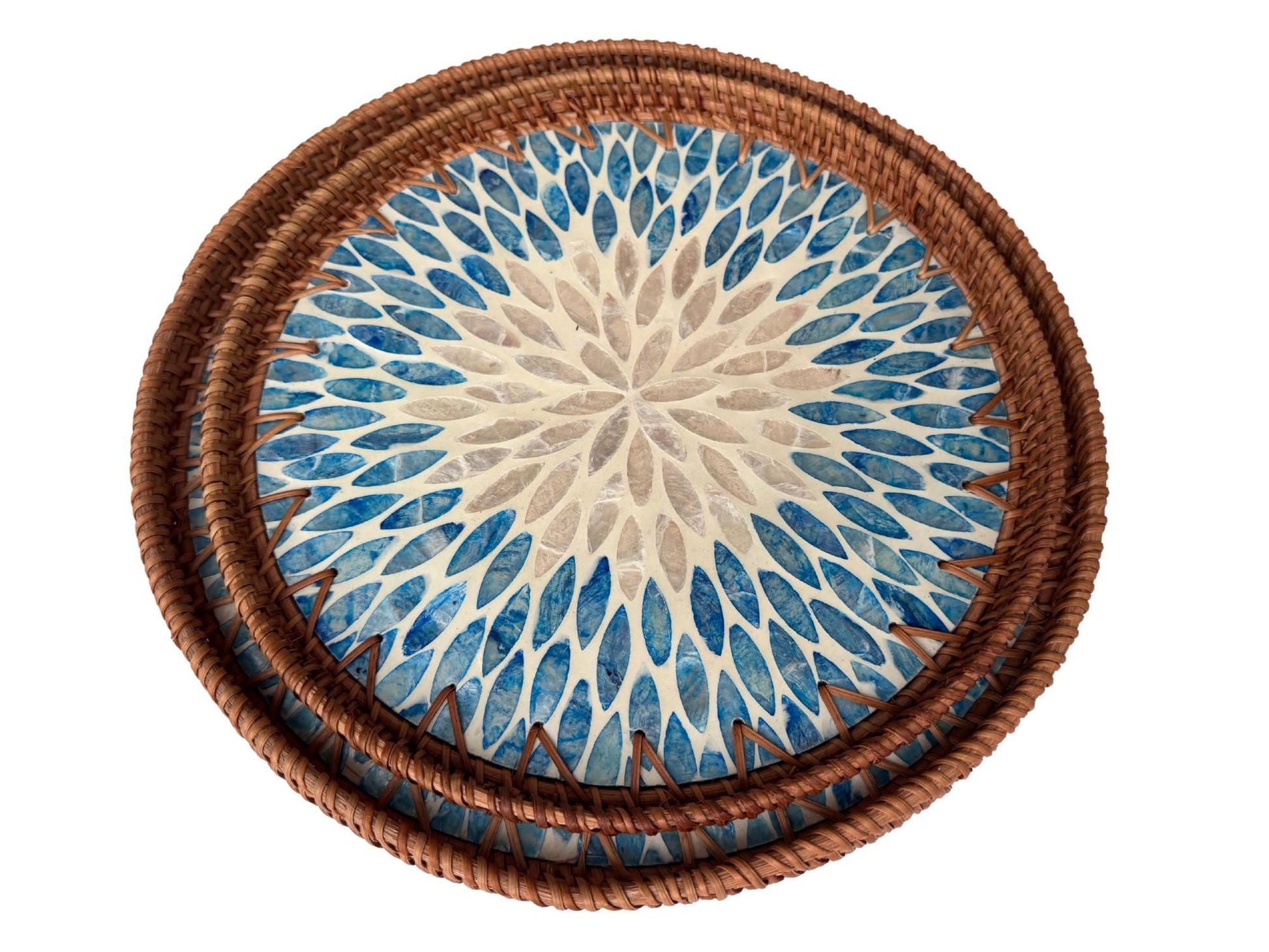 Natural Round Rattan Display Tray with Shell Inlay Base - Artisan Handmade Decor Tray for Coffee Table, Kitchen Serving, Made in Vietnam 34