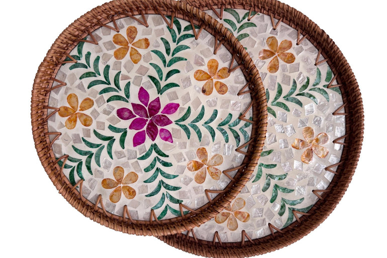 Natural Round Rattan Display Tray with Shell Inlay Base - Artisan Handmade Decor Tray for Coffee Table, Kitchen Serving, Made in Vietnam 33