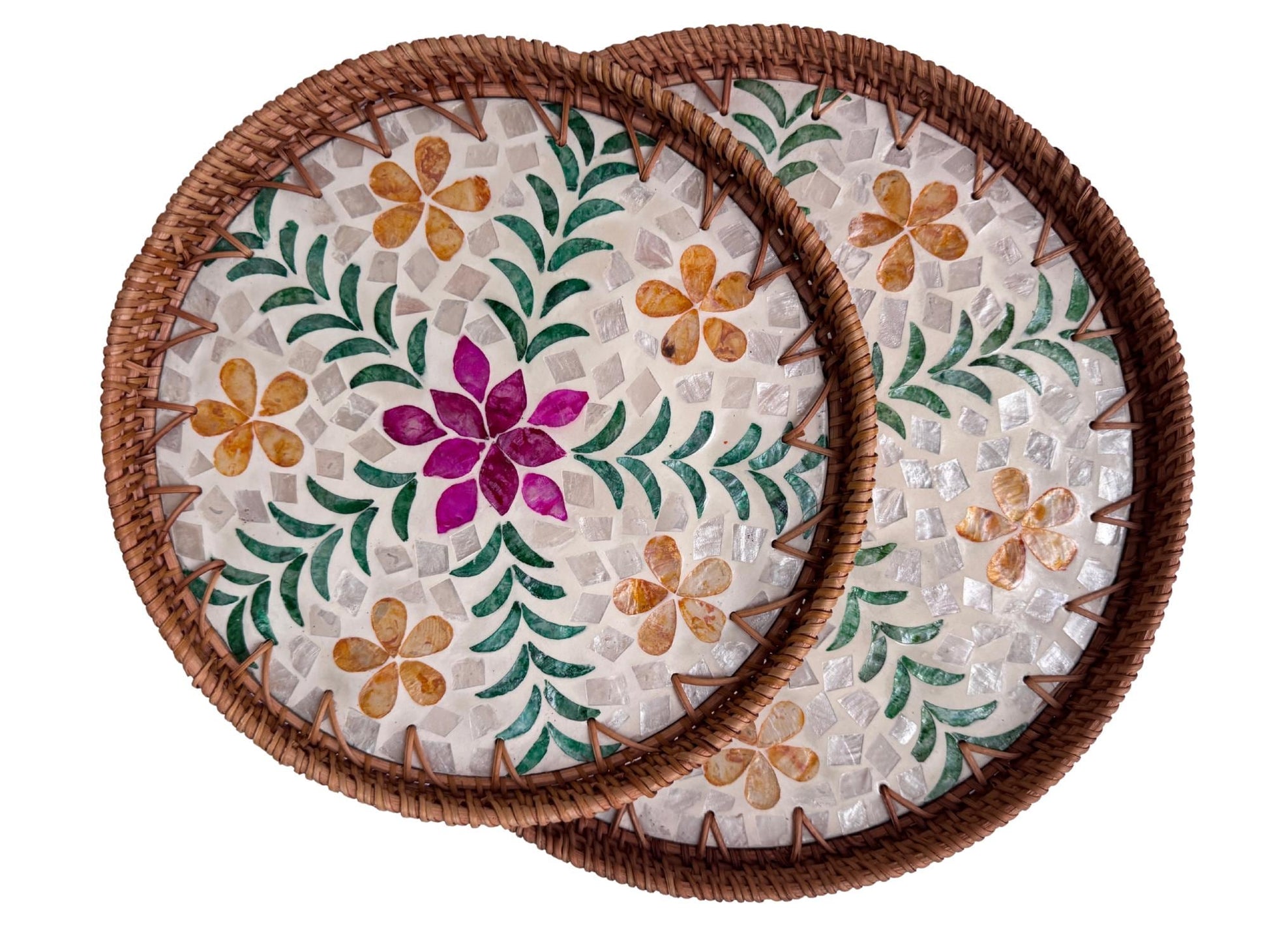 Natural Round Rattan Display Tray with Shell Inlay Base - Artisan Handmade Decor Tray for Coffee Table, Kitchen Serving, Made in Vietnam 33