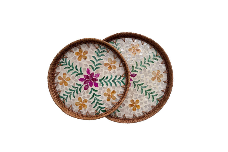 Natural Round Rattan Display Tray with Shell Inlay Base - Artisan Handmade Decor Tray for Coffee Table, Kitchen Serving, Made in Vietnam 33
