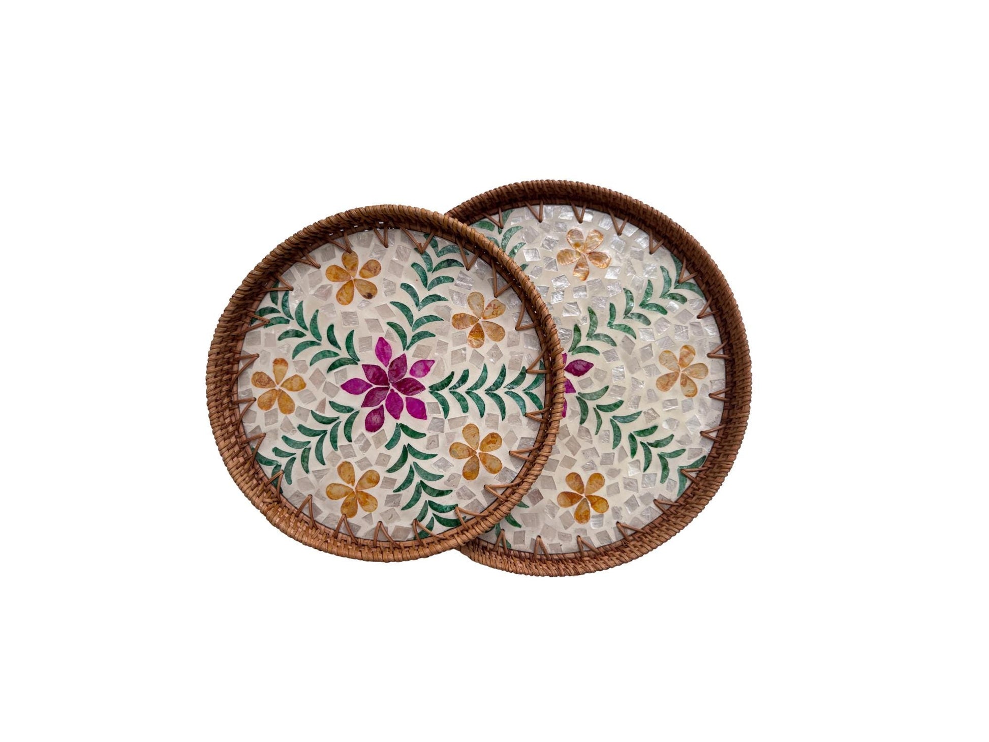 Natural Round Rattan Display Tray with Shell Inlay Base - Artisan Handmade Decor Tray for Coffee Table, Kitchen Serving, Made in Vietnam 33