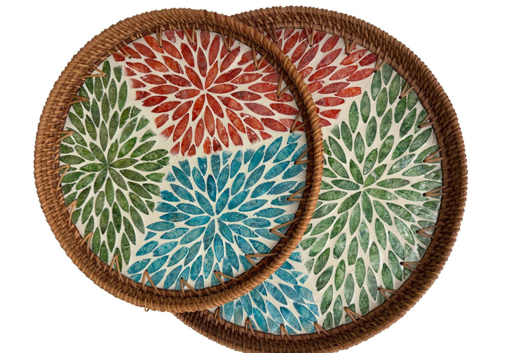 Natural Round Rattan Display Tray with Shell Inlay Base - Artisan Handmade Decor Tray for Coffee Table, Kitchen Serving, Made in Vietnam 35