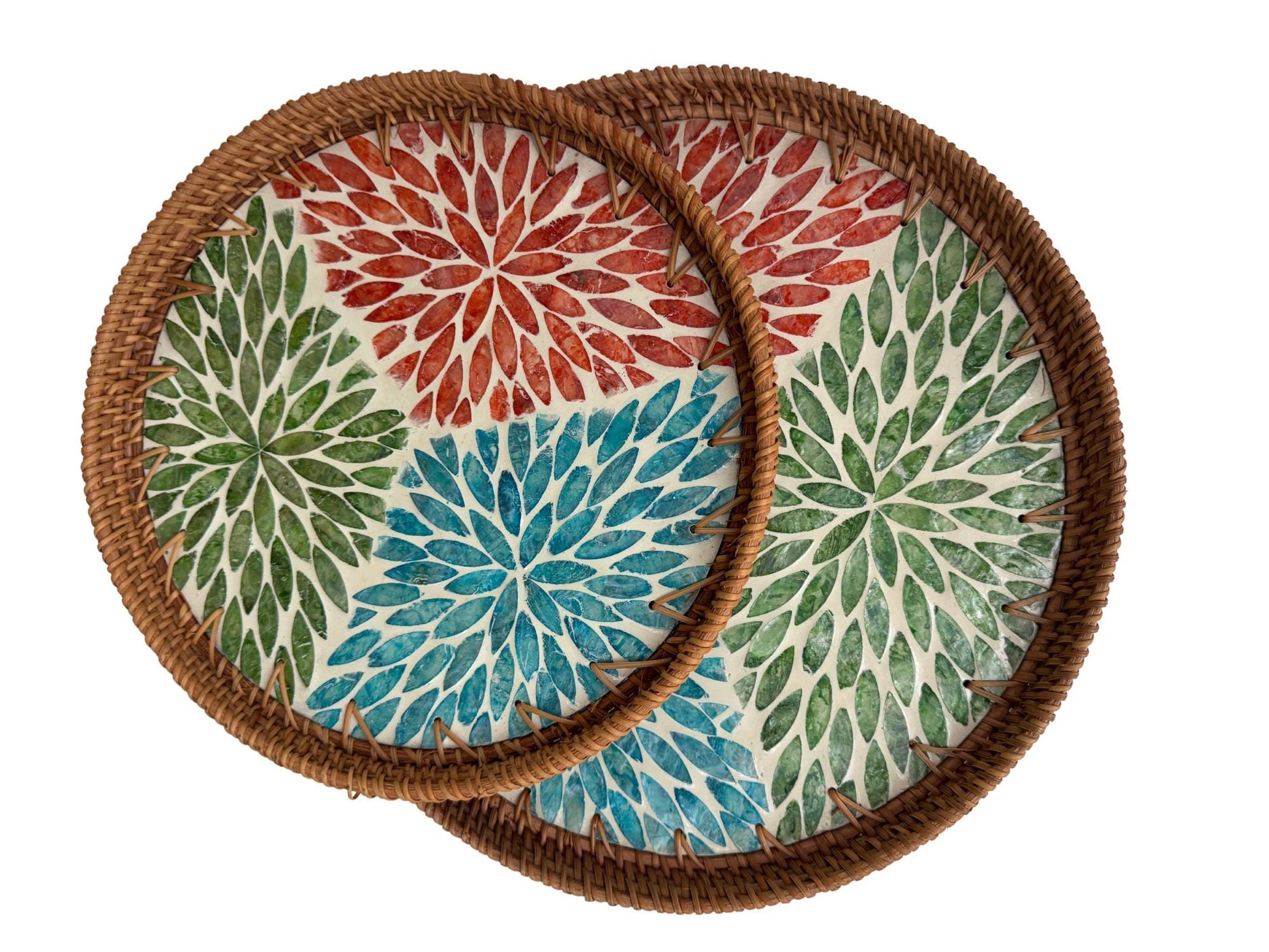 Natural Round Rattan Display Tray with Shell Inlay Base - Artisan Handmade Decor Tray for Coffee Table, Kitchen Serving, Made in Vietnam 35