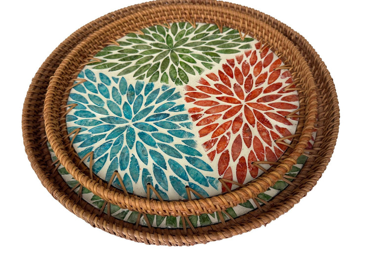 Natural Round Rattan Display Tray with Shell Inlay Base - Artisan Handmade Decor Tray for Coffee Table, Kitchen Serving, Made in Vietnam 35