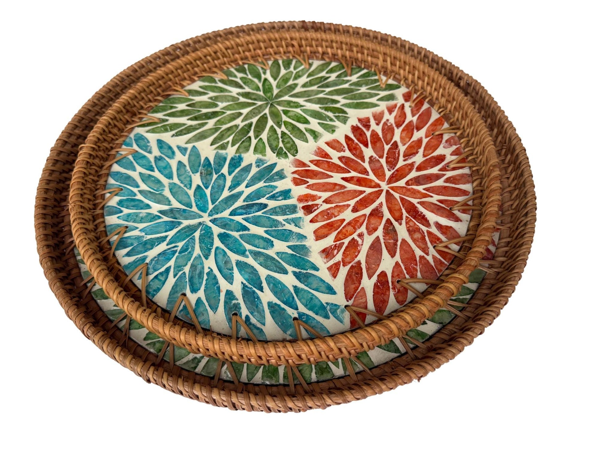 Natural Round Rattan Display Tray with Shell Inlay Base - Artisan Handmade Decor Tray for Coffee Table, Kitchen Serving, Made in Vietnam 35