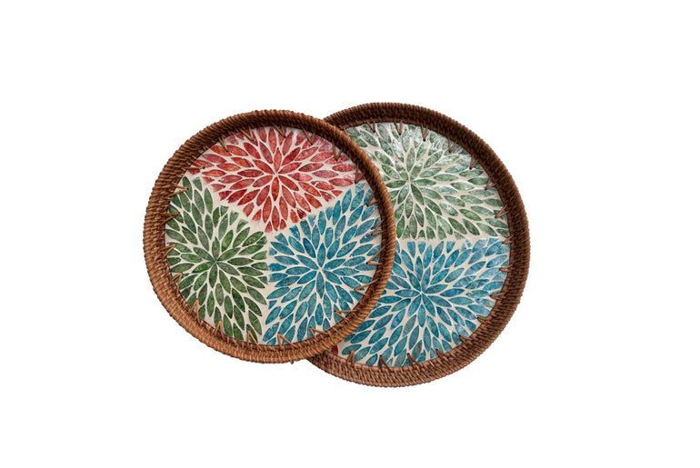 Natural Round Rattan Display Tray with Shell Inlay Base - Artisan Handmade Decor Tray for Coffee Table, Kitchen Serving, Made in Vietnam 35