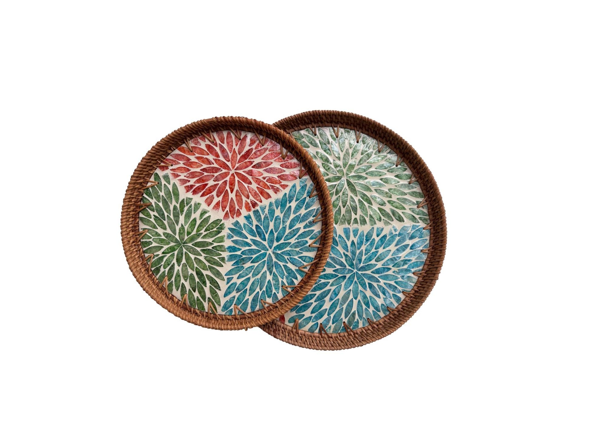 Natural Round Rattan Display Tray with Shell Inlay Base - Artisan Handmade Decor Tray for Coffee Table, Kitchen Serving, Made in Vietnam 35