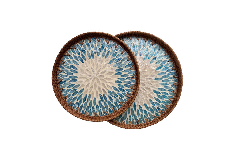 Natural Round Rattan Display Tray with Shell Inlay Base - Artisan Handmade Decor Tray for Coffee Table, Kitchen Serving, Made in Vietnam 34