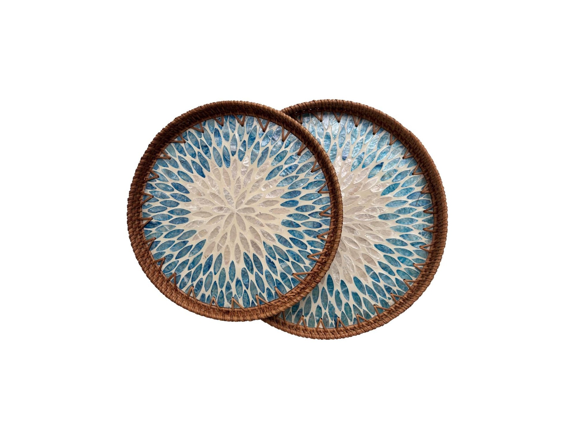 Natural Round Rattan Display Tray with Shell Inlay Base - Artisan Handmade Decor Tray for Coffee Table, Kitchen Serving, Made in Vietnam 34