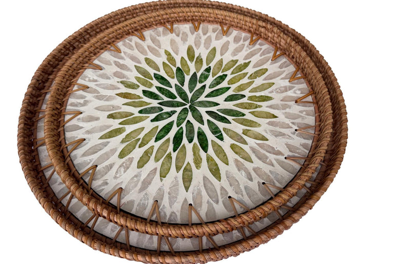 Natural Round Rattan Display Tray with Shell Inlay Base - Artisan Handmade Decor Tray for Coffee Table, Kitchen Serving, Made in Vietnam 32