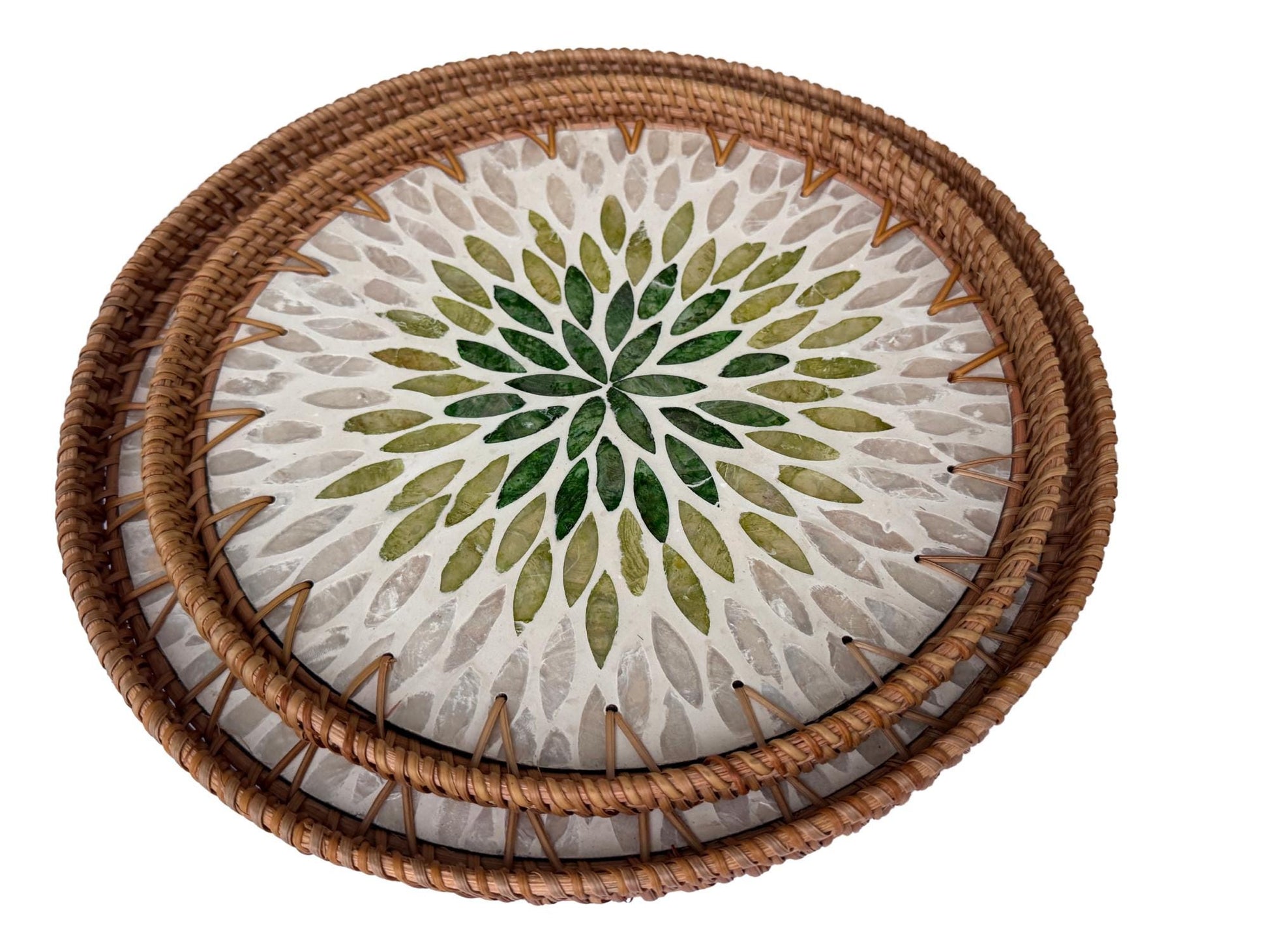 Natural Round Rattan Display Tray with Shell Inlay Base - Artisan Handmade Decor Tray for Coffee Table, Kitchen Serving, Made in Vietnam 32