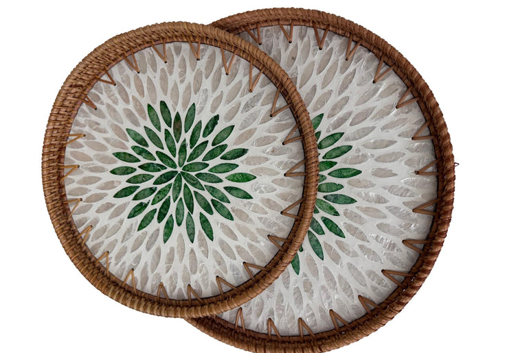 Natural Round Rattan Display Tray with Shell Inlay Base - Artisan Handmade Decor Tray for Coffee Table, Kitchen Serving, Made in Vietnam 139