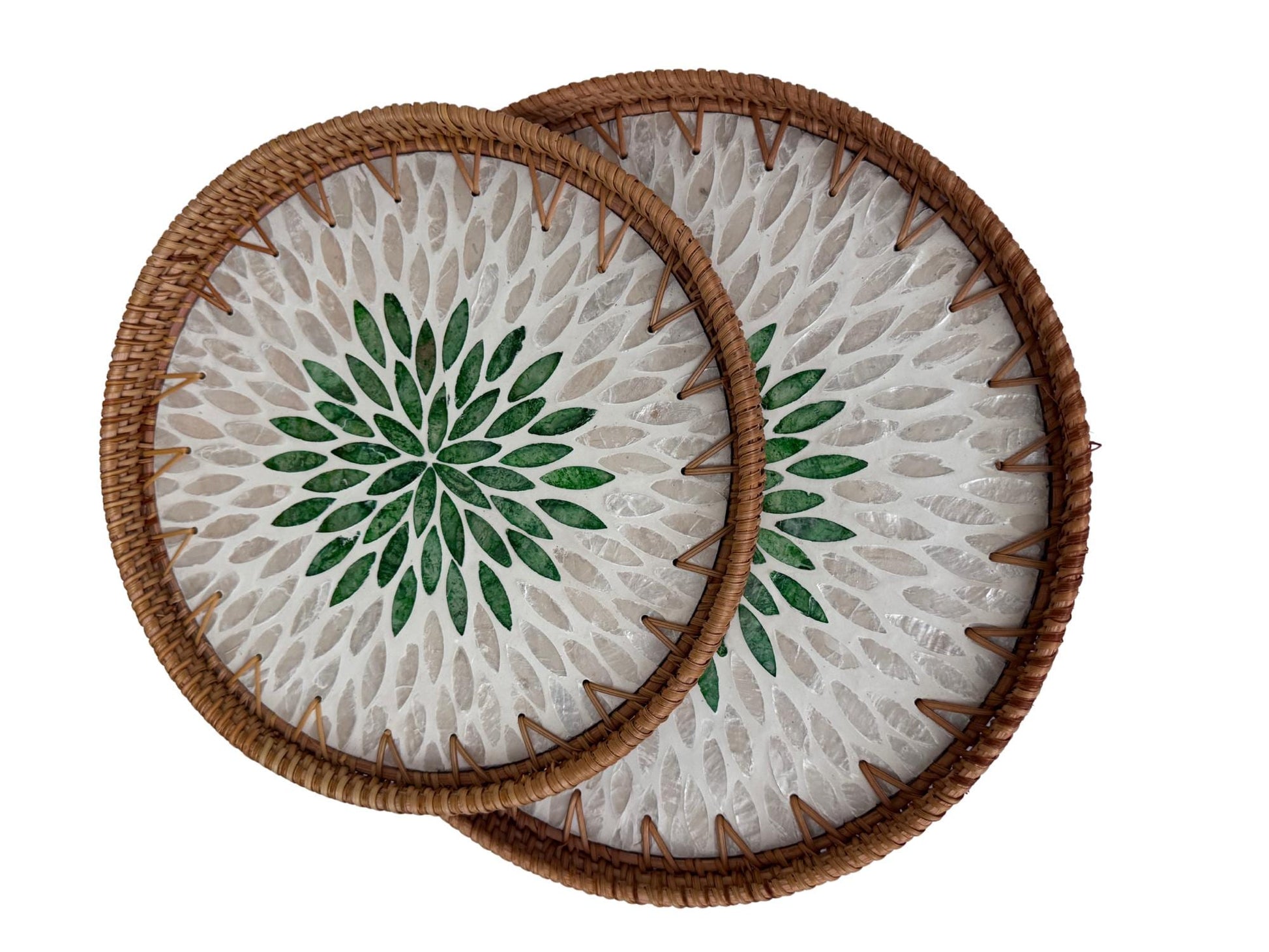 Natural Round Rattan Display Tray with Shell Inlay Base - Artisan Handmade Decor Tray for Coffee Table, Kitchen Serving, Made in Vietnam 139