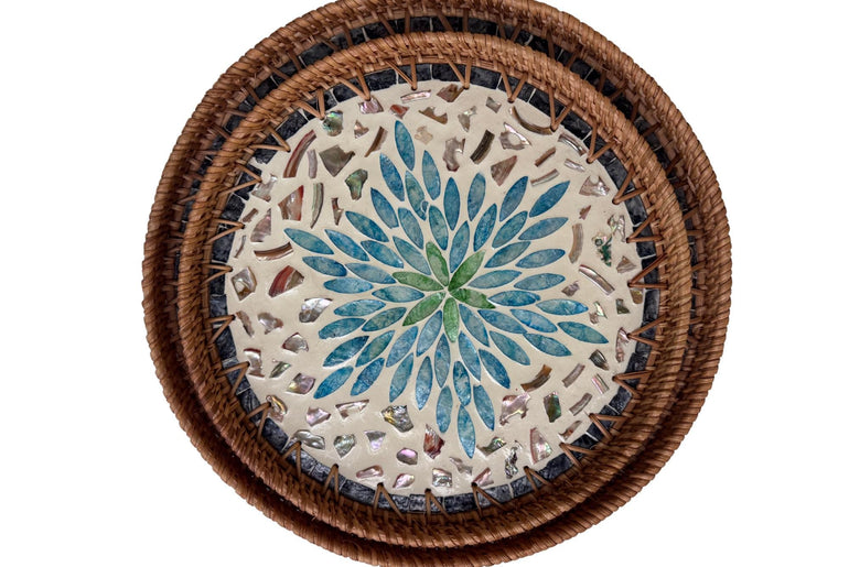 Natural Round Rattan Display Tray with Shell Inlay Base - Artisan Handmade Decor Tray for Coffee Table, Kitchen Serving, Made in Vietnam 20