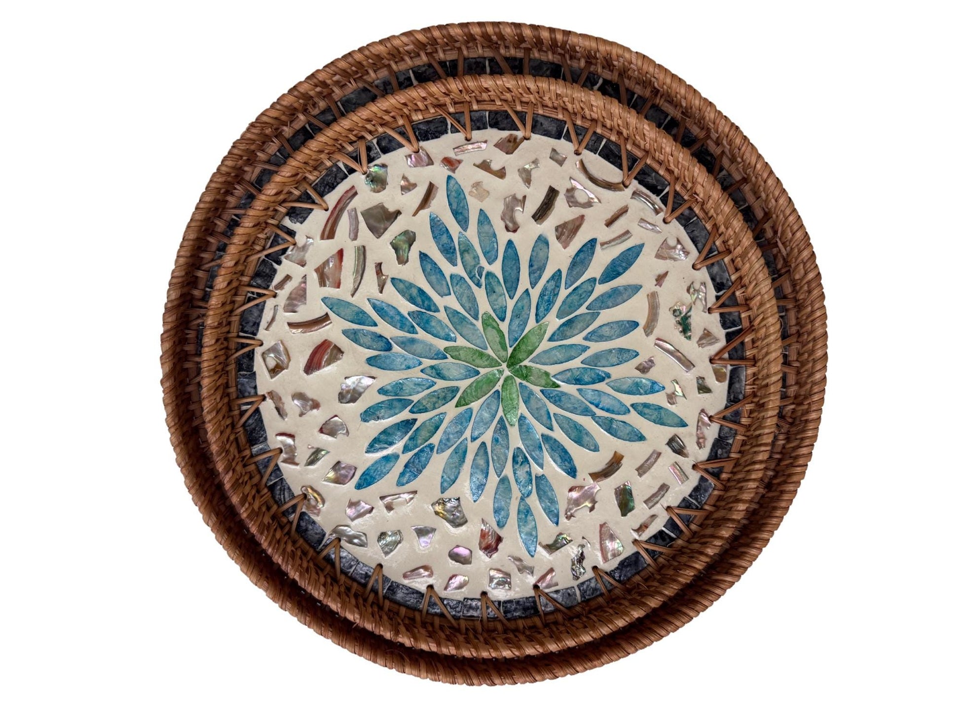 Natural Round Rattan Display Tray with Shell Inlay Base - Artisan Handmade Decor Tray for Coffee Table, Kitchen Serving, Made in Vietnam 20