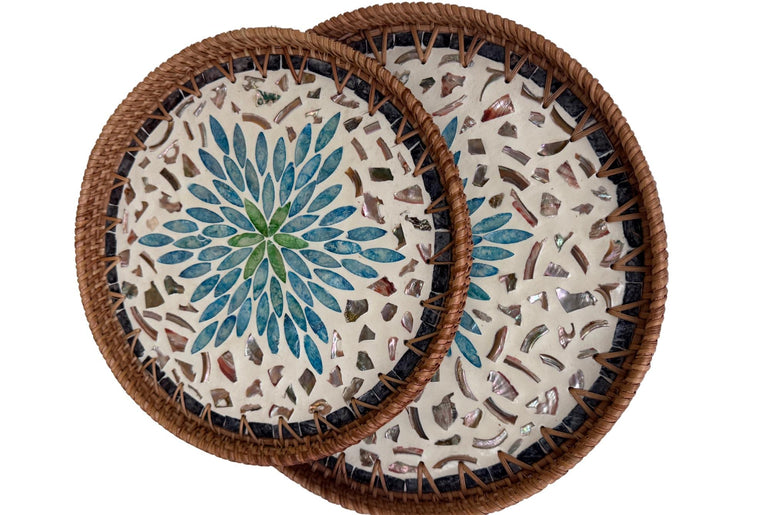 Natural Round Rattan Display Tray with Shell Inlay Base - Artisan Handmade Decor Tray for Coffee Table, Kitchen Serving, Made in Vietnam 20