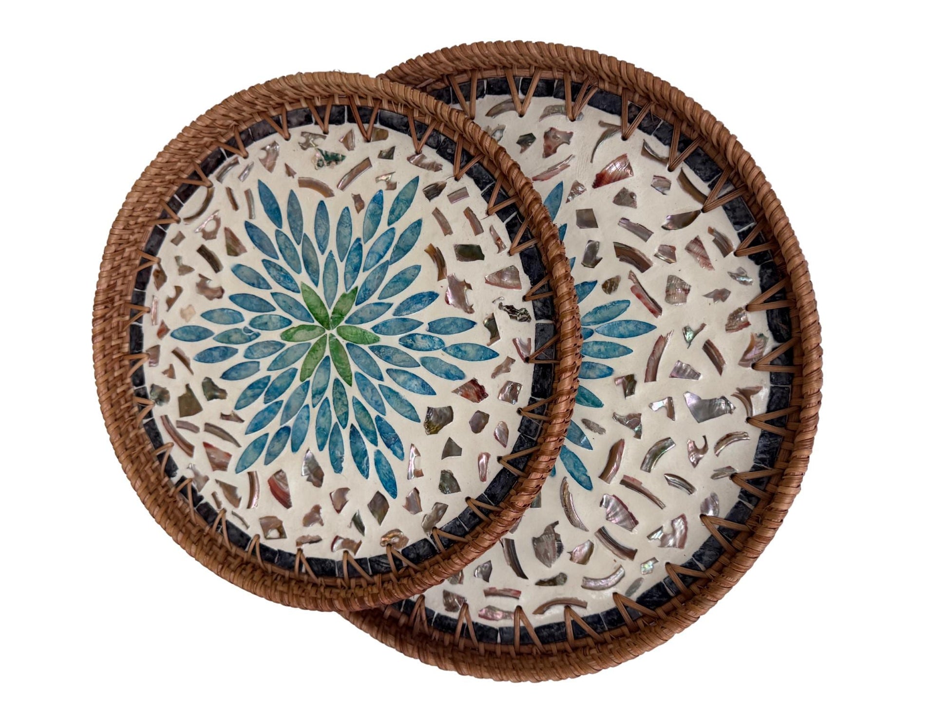 Natural Round Rattan Display Tray with Shell Inlay Base - Artisan Handmade Decor Tray for Coffee Table, Kitchen Serving, Made in Vietnam 20
