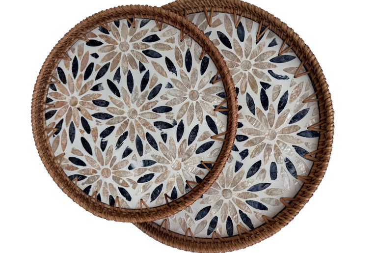 Natural Round Rattan Display Tray with Shell Inlay Base - Artisan Handmade Decor Tray for Coffee Table, Kitchen Serving, Made in Vietnam 19