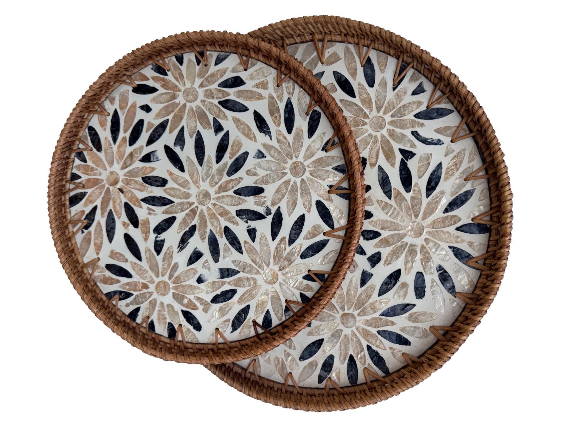 Natural Round Rattan Display Tray with Shell Inlay Base - Artisan Handmade Decor Tray for Coffee Table, Kitchen Serving, Made in Vietnam 19
