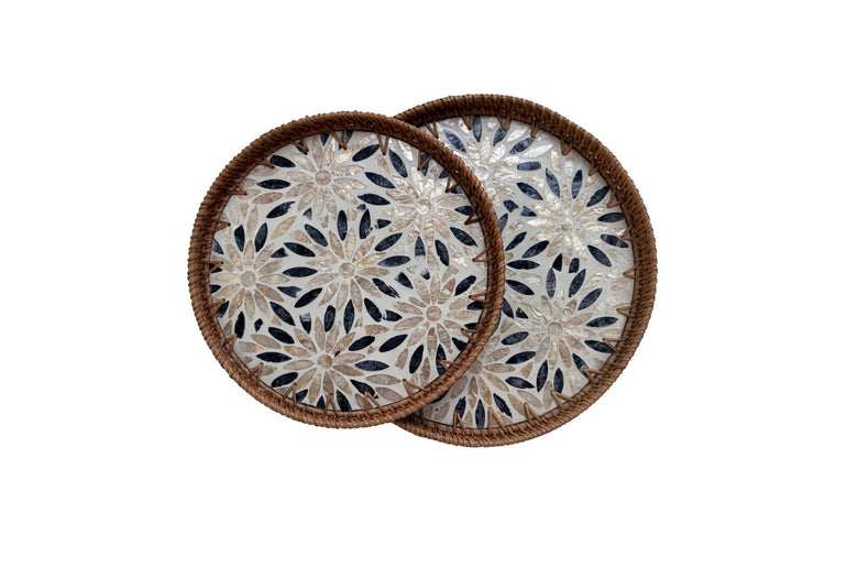Natural Round Rattan Display Tray with Shell Inlay Base - Artisan Handmade Decor Tray for Coffee Table, Kitchen Serving, Made in Vietnam 19