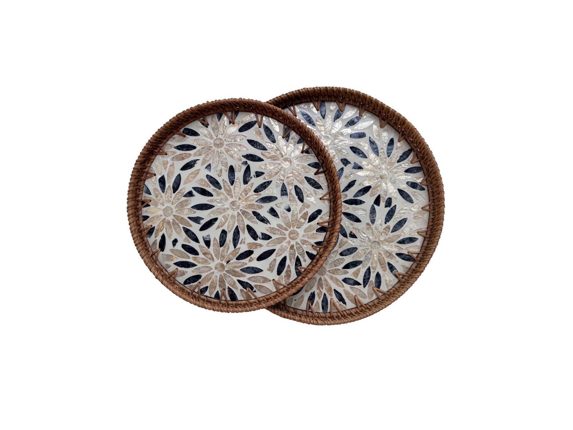 Natural Round Rattan Display Tray with Shell Inlay Base - Artisan Handmade Decor Tray for Coffee Table, Kitchen Serving, Made in Vietnam 19