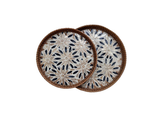 Natural Round Rattan Display Tray with Shell Inlay Base - Artisan Handmade Decor Tray for Coffee Table, Kitchen Serving, Made in Vietnam 19
