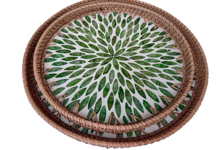 Natural Round Rattan Display Tray with Shell Inlay Base - Artisan Handmade Decor Tray for Coffee Table, Kitchen Serving, Made in Vietnam 28