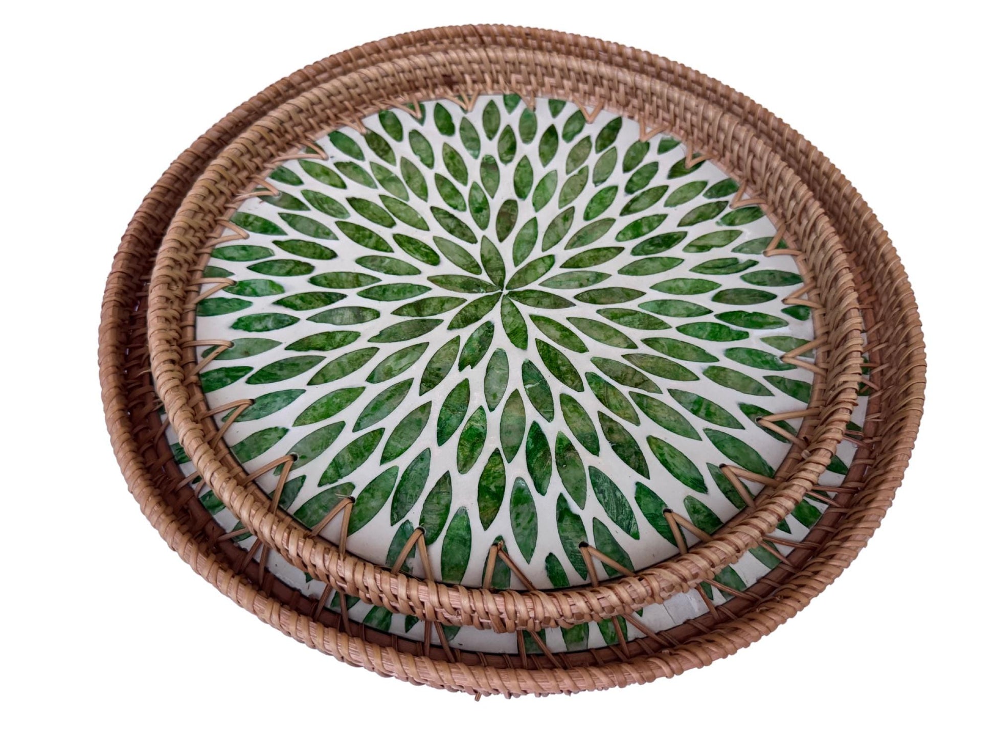 Natural Round Rattan Display Tray with Shell Inlay Base - Artisan Handmade Decor Tray for Coffee Table, Kitchen Serving, Made in Vietnam 28