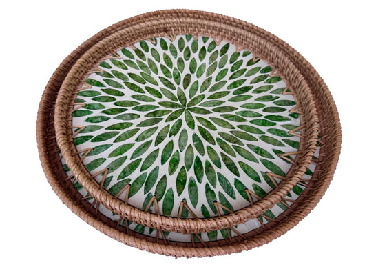 Natural Round Rattan Display Tray with Shell Inlay Base - Artisan Handmade Decor Tray for Coffee Table, Kitchen Serving, Made in Vietnam 28