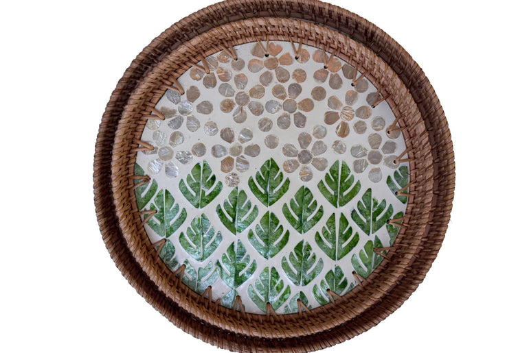 Natural Round Rattan Display Tray with Shell Inlay Base - Artisan Handmade Decor Tray for Coffee Table, Kitchen Serving, Made in Vietnam 29