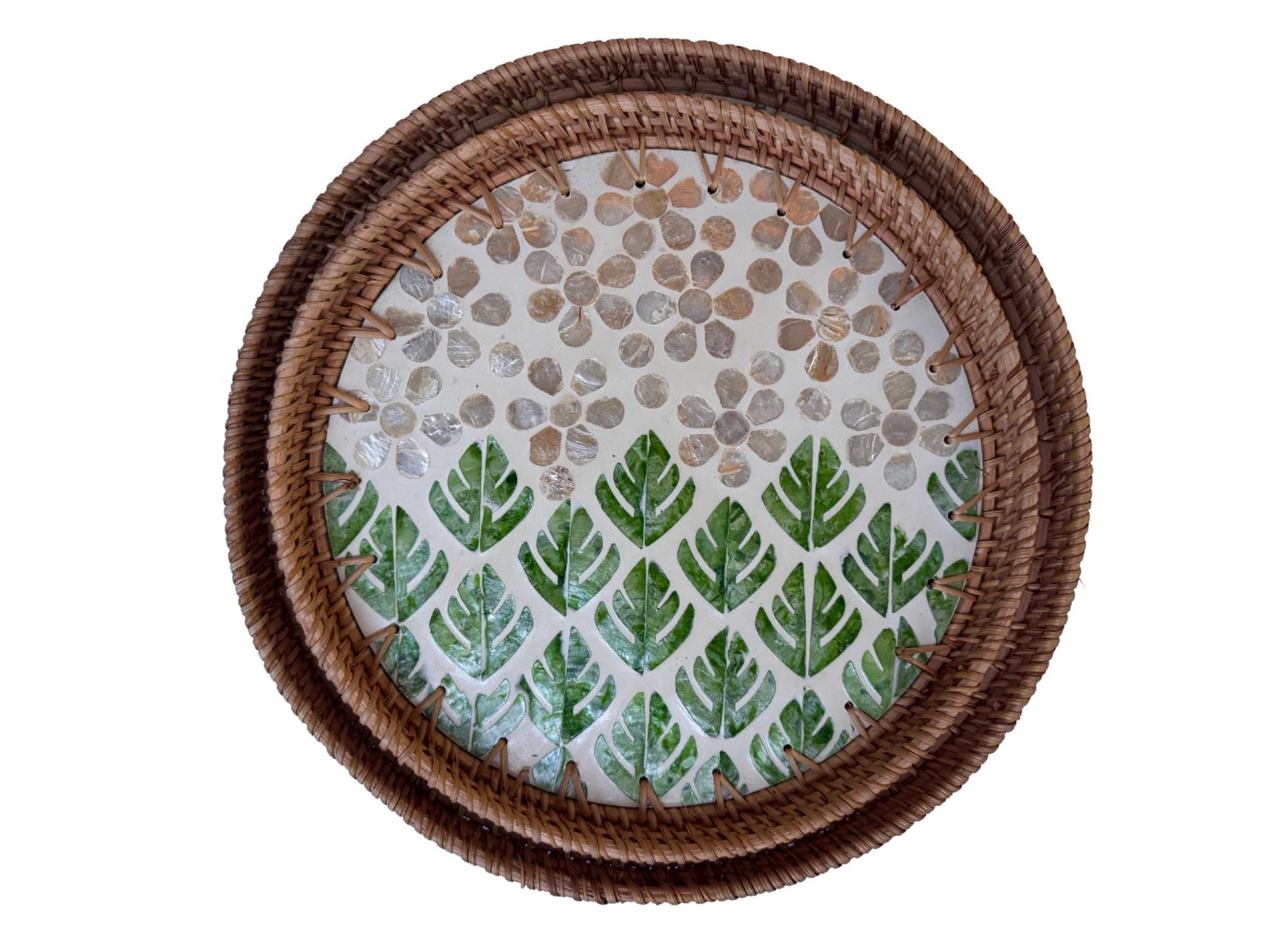 Natural Round Rattan Display Tray with Shell Inlay Base - Artisan Handmade Decor Tray for Coffee Table, Kitchen Serving, Made in Vietnam 29