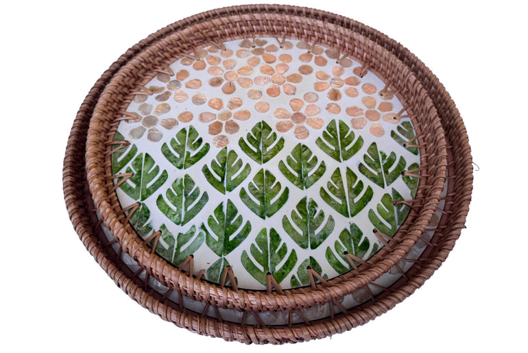 Natural Round Rattan Display Tray with Shell Inlay Base - Artisan Handmade Decor Tray for Coffee Table, Kitchen Serving, Made in Vietnam 29