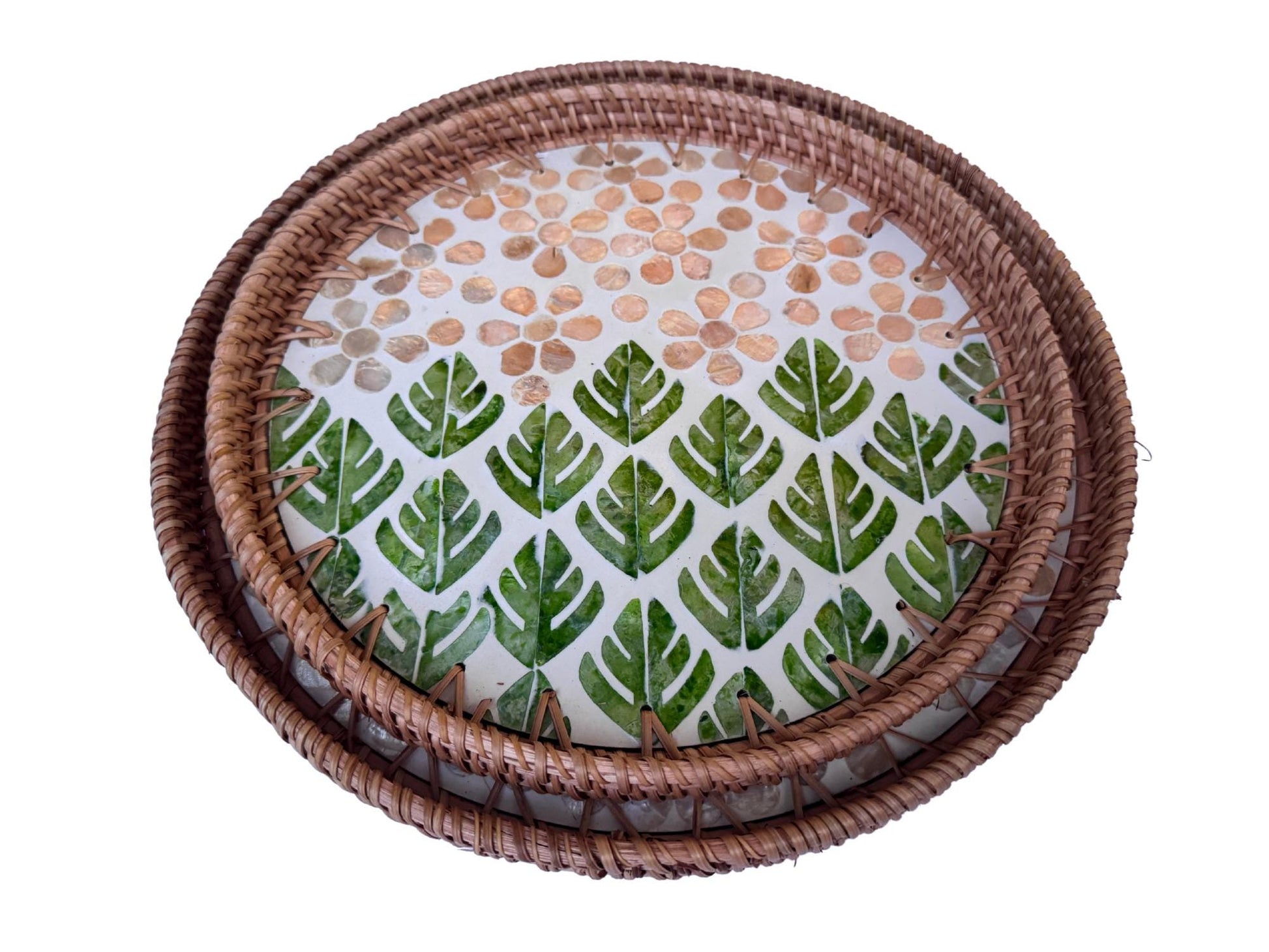 Natural Round Rattan Display Tray with Shell Inlay Base - Artisan Handmade Decor Tray for Coffee Table, Kitchen Serving, Made in Vietnam 29