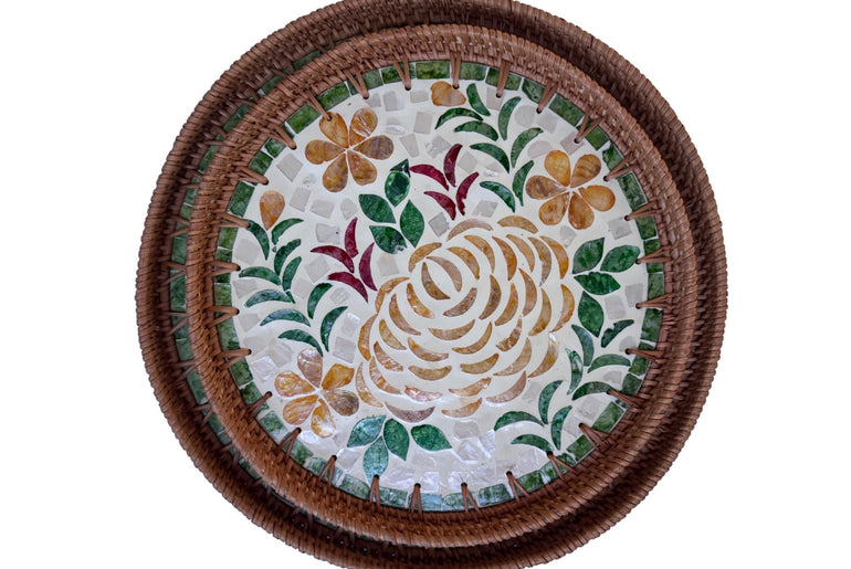 Natural Round Rattan Display Tray with Shell Inlay Base - Artisan Handmade Decor Tray for Coffee Table, Kitchen Serving, Made in Vietnam 27